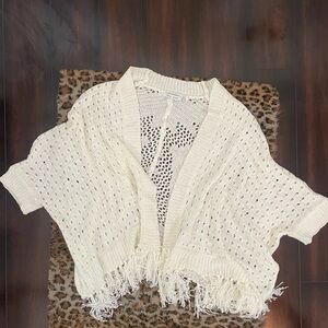 Bishop + Young White Fringe Hem Open Knit Open Front Cardigan